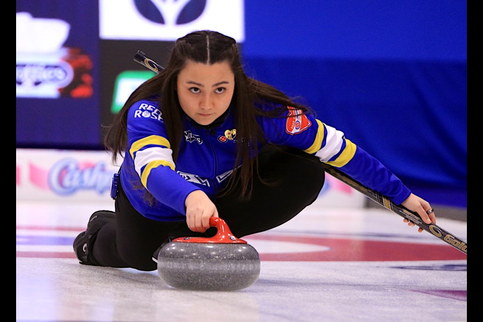 Alberta's Kayla Skrlik releases a shot on Saturday, Feb. 22, 2025 at the Scotties Tournament of Hearts in Thunder Bay. (Leith Dunick, tbnewswatch.com)