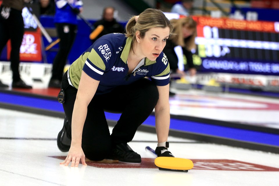 Lead Karlee Everist and Team Nova Scotia stole one in the 10th to edge Kerry Galusha and the Northwest Territories 11-10 on Tuesday, Feb. 18, 2025 at the Scotties Tournament of Hearts in Thunder Bay. (Leith Dunick, tbnewswatch.com)