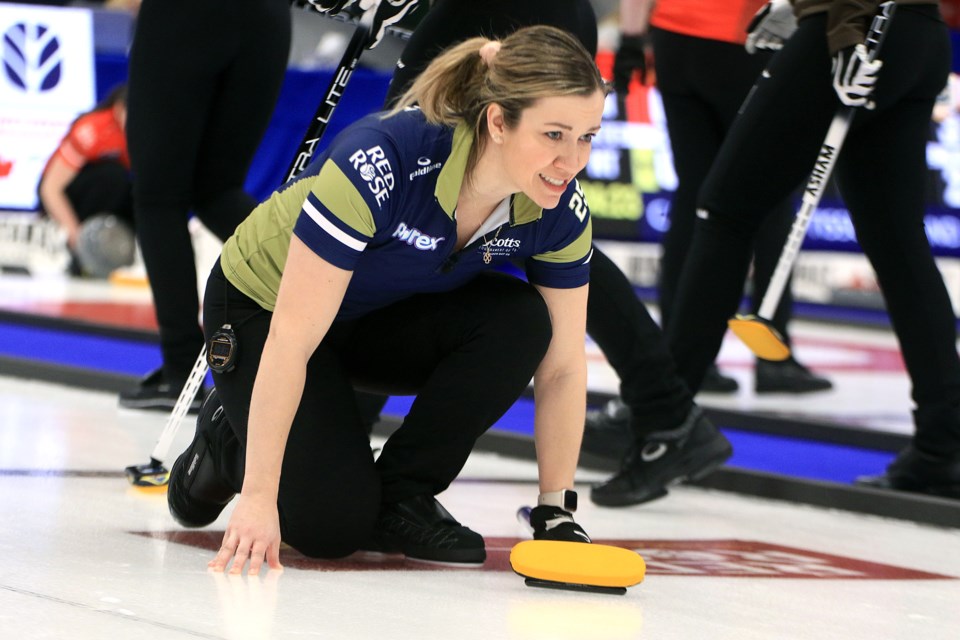 Karlee Everist helped Nova Scotia score an 8-6 win over Manitoba's Kate Cameron on Thursday, Feb. 20, 2025, the win earning Christina Black's team a spot in the Scotties Tournament of Hearts playoffs. (Leith Dunick, tbnewswatch.com)