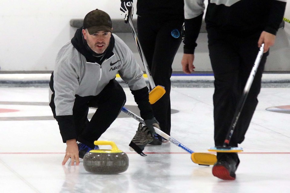 Dylan Johnston, the defending champion, takes a shot on Wednesday, Oct. 21, 202 during Tbaytel Major League of Curling play at the Kakabeka Curling Club (Leith Dunick, tbnewswatch.com)