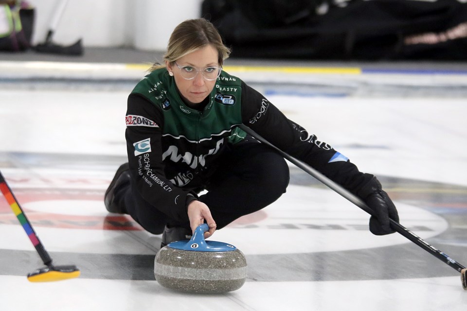 Krista McCarville throws skip stones on Wednesday, Dec. 15, 2021 at Kakabeka Falls Curling Club. (Leith Dunick, tbnewswatch.com)