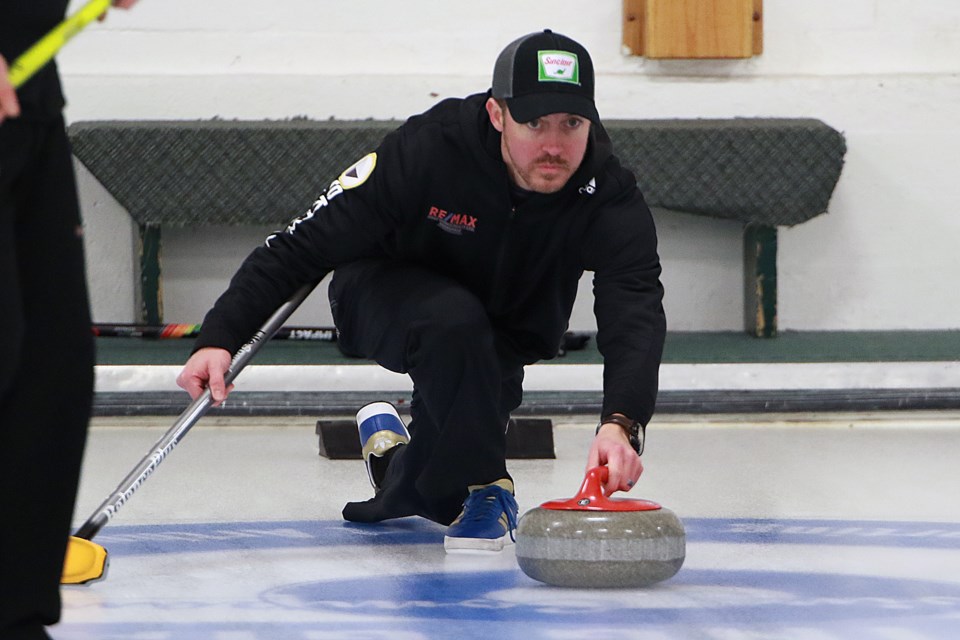 Brian Adams Jr. helped lead his team to an 8-1 win over Trevor Bonot on Sunday, Jan. 22, 2023 to capture the Tbaytel Major League of Curling title. (Leith Dunick, tbnewswatch.com)