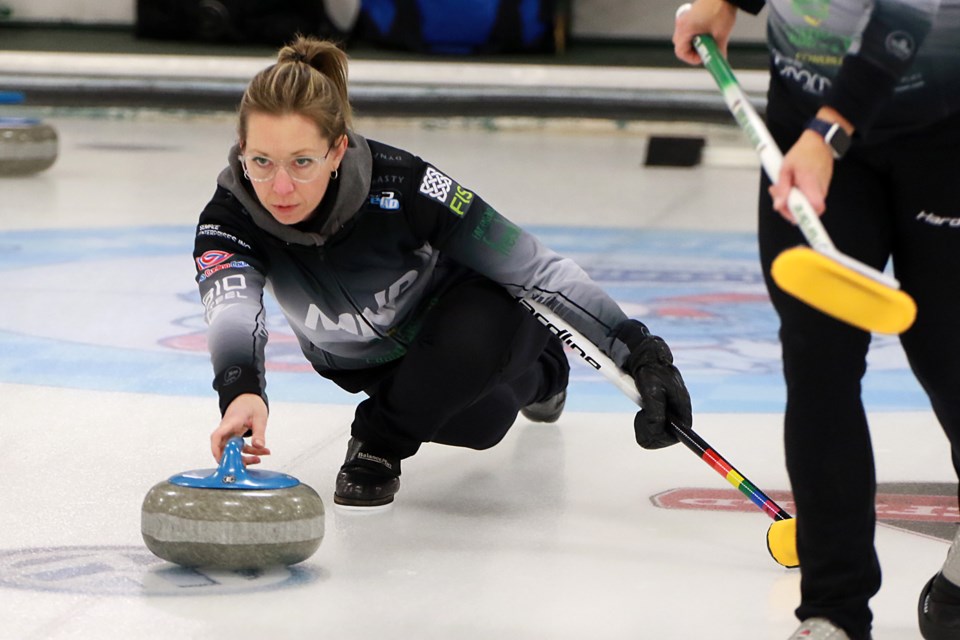 Krista McCarville throws skip stones on Wednesday, Jan. 11, 2023 in Tbaytel Major League of Curling Draw 13 play at the Port Arthur Curling Club. (Leith Dunick, tbnewswatch.com)