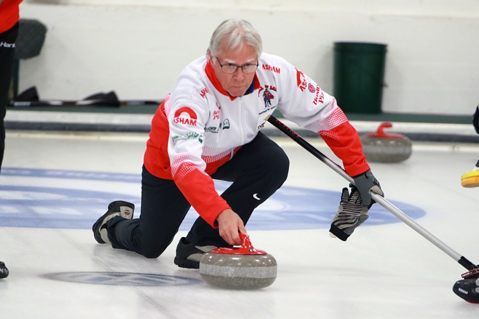 Al Hackner beat Dallas Burgess 8-3 on Wednesday, Nov. 23, 2022 in Week 7 Tbaytel Major League of Curling action at Port Arthur Curling Club. (Leith Dunick, tbnewswatch.com)