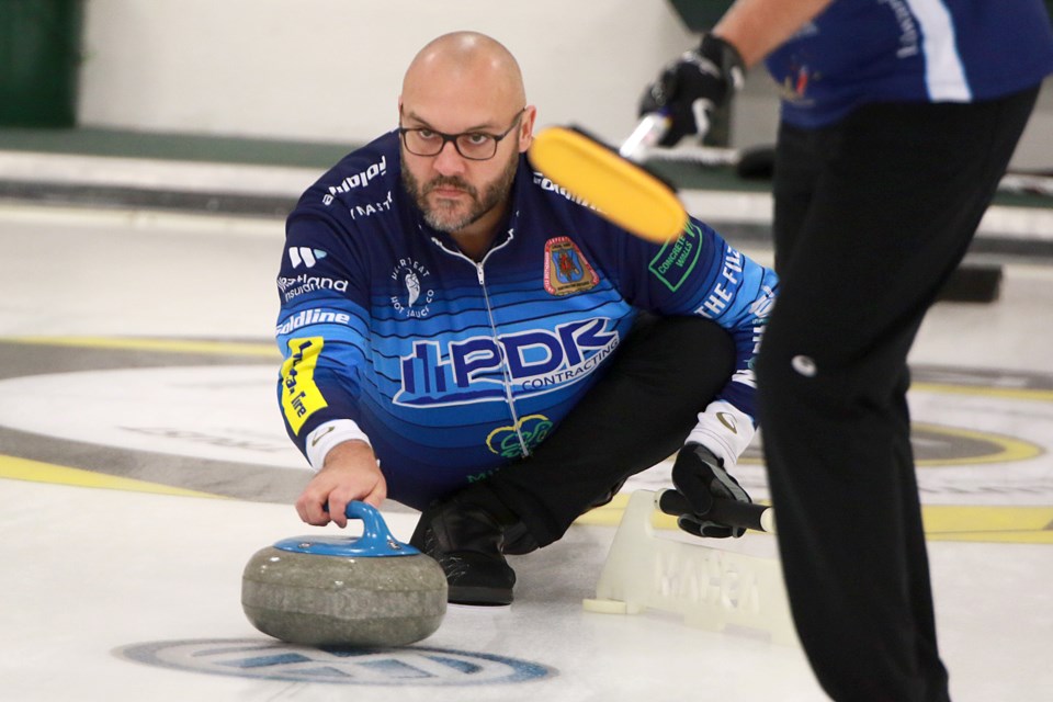 Trevor Bonot opened the 2023-24 Tbaytel Major League of Curling season on Wednesday, Oct. 18, 2023 at Port Arthur Curling Club with a 7-3 win over Dylan Johnston. (Leith Dunick, tbnewswatch.com)