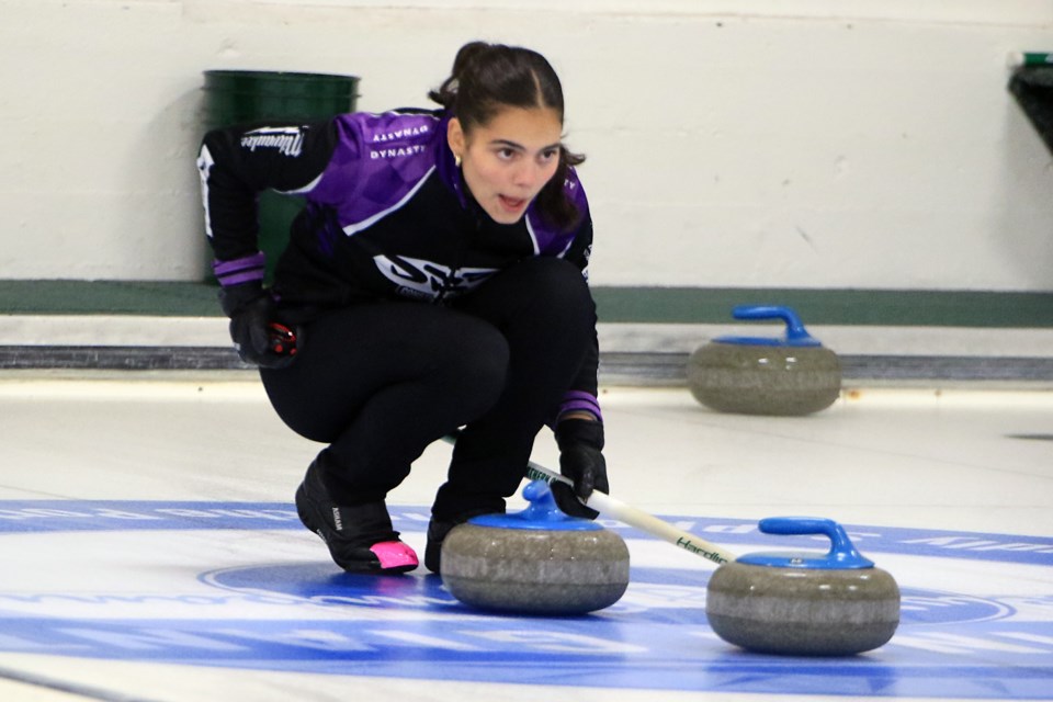 Claire Dubinsky calls a shot on Wednesday, Oct. 9, 2024 during Tbaytel Major League of Curling action at the Port Arthur Curling Centre. (Leith Dunick, tbnewswatch.com)