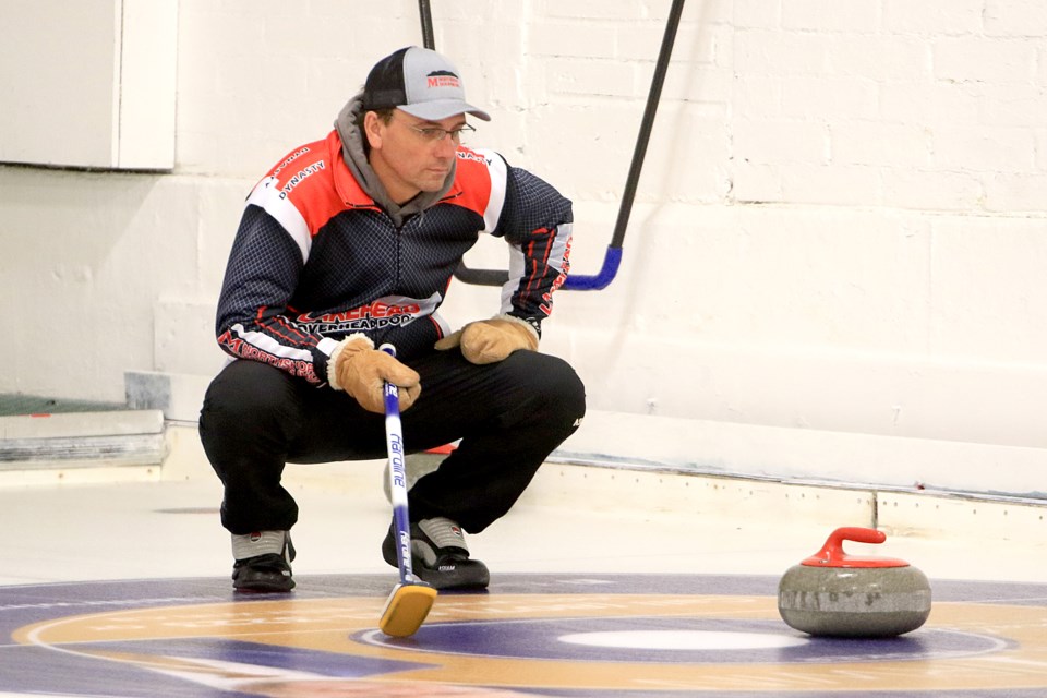 Andrew Sinclair ponders the situation on Sunday, Oct. 27, 2024 at the Port Arthur Curling Centre. (Leith Dunick, tbnewswatch.com)