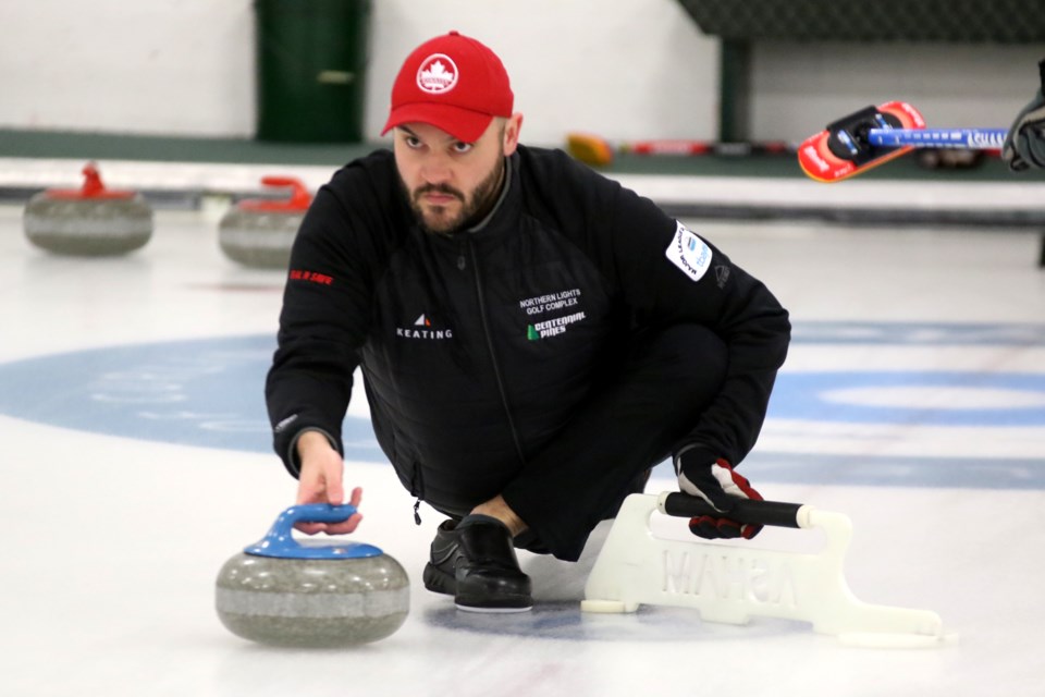 Trevor Bonot throws skip stones on Saturday, Jan. 27, 2018 during the Men's Major League of Curling final at the Port Arthur Curling Club. (Leith Dunick, tbnewswatch.com)