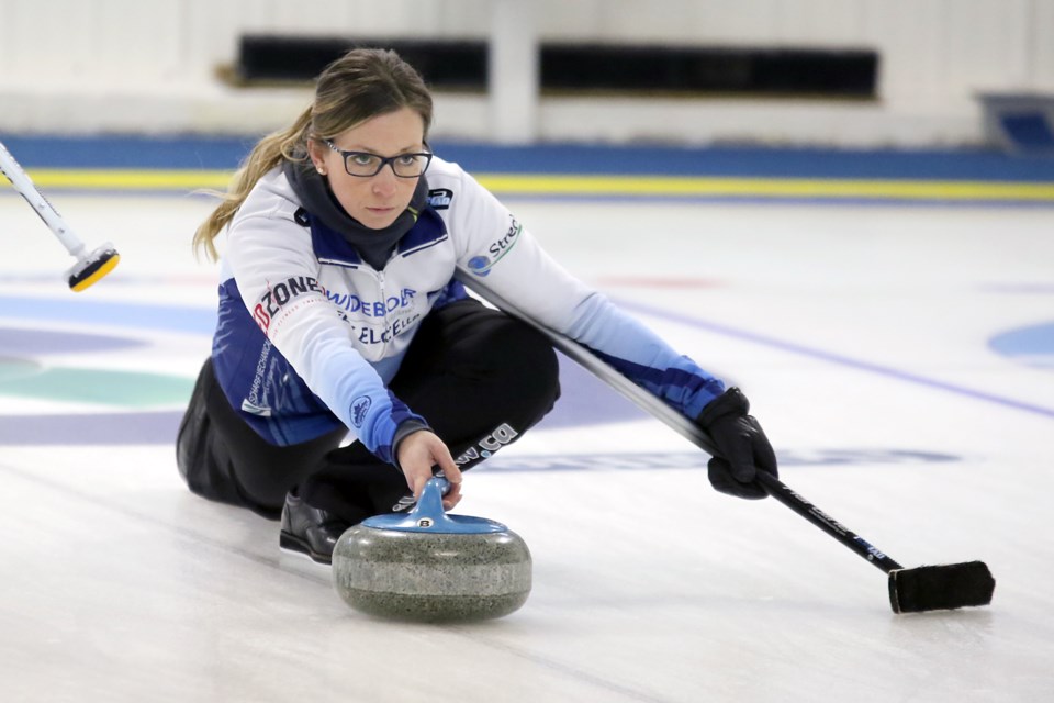 A determined-looking Krista McCarville makes a shot on Saturday, Jan. 21, 2017 during the Northern Ontario Scotties Tournament of Hearts final in Nipigon (Leith Dunick, tbnewswatch.com). 