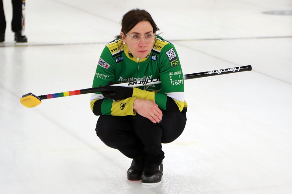 New Brunswick's Andrea Kelly was brought in to play third for Team McCarville, and joined the rink in person on Saturday, Jan. 5, 2024 at the Performance Kia Charity Open at the Port Arthur Curling Centre. (Leith Dunick, tbnewswatch.com)