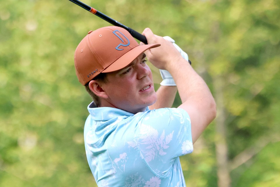 Evan DeGrazia tees off on the 17th hole at Whitewater Golf Club on Tuesday, July 29, 2025. (Leith Dunick, tbnewswatch.com)