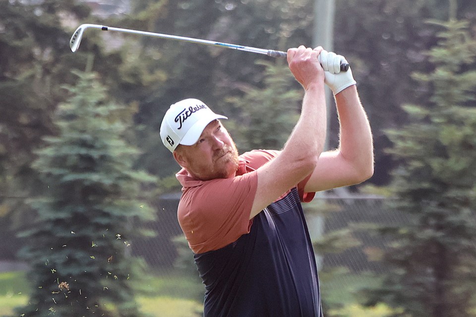 Robert Cumming hits his approach on the 10th hole at Strathcona Golf Course, on his way to winning a record-tying Strathcona Invitational title on Monday, Aug. 4, 2025. (Leith Dunick, tbnewswatch.com)