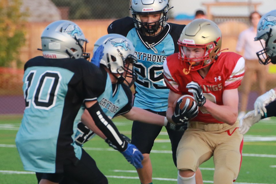 Hammarskjold running back Austin Yoller scored three times on Thursday, Sept. 21, 2023 against the Superior Collegiate Gryphons. (Leith Dunick tbneswatch.com). 