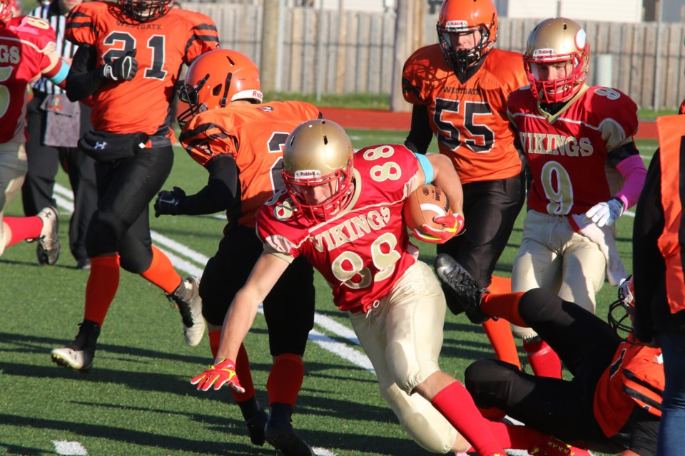 The Hammarskjold Vikings were unable to convert Friday evening against the strong defense put up by the Westgate Tigers. (Photos by Doug Diaczuk - tbnewswatch.com). 