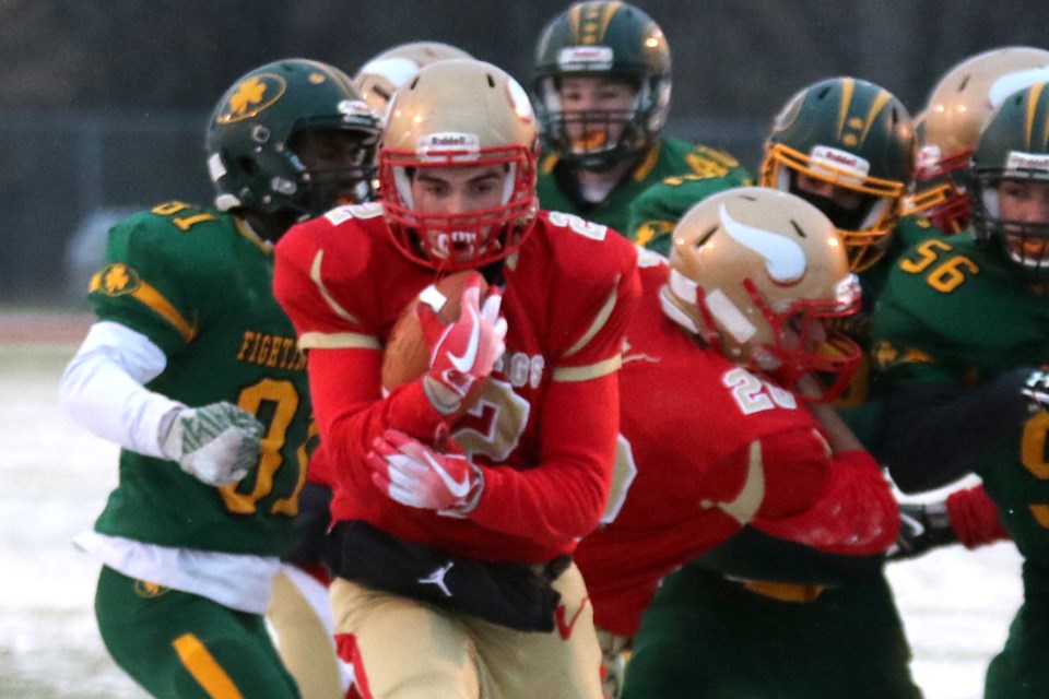 Hammarskjold's Hunter Campbell crosses the goal line for the Vikings second score of the game in the senior high school football final on Friday, Nov. 9, 2018 against the St. Patrick Saints. (Leith Dunick, tbnewswatch.com)