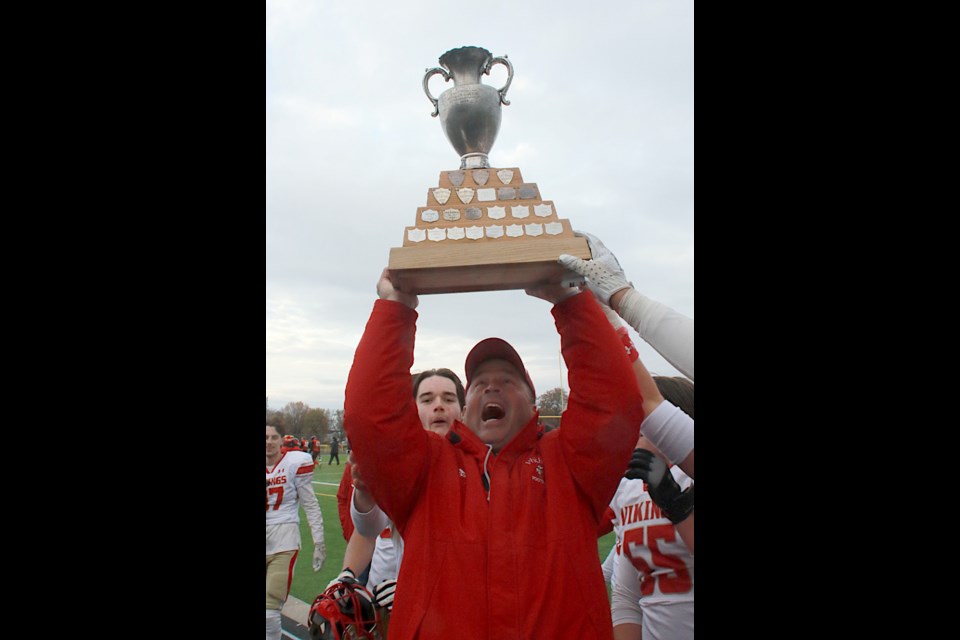 Coach Mike Judge celebrates the Vikings first senior football championship in 15 years on Saturday, Nov. 4, 2023. (Leith Dunick, tbnewswatch.com)