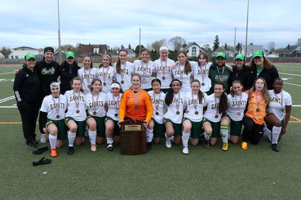 The St. Patrick Saints on Thursday, May 26, 2022 captured the SSSAA high school girls soccer championship, beating St. Ignatius Falcons 1-0. (Leith Dunick, tbnewswatch.com)