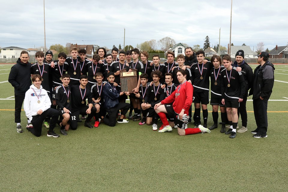 The St. Ignatius Falcons downed the St. Patrick Saints 5-0 on Thursday, May 26, 2022 to capture their third consecutive high school boys soccer championship at Fort William Stadium. (Leith Dunick, tbnewswatch.com)