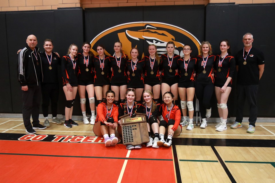 The Westgate Tigers needed five sets, but won their thrid straight SSSAA high school senior girls' volleyball title, edging the St. Ignatius Falcons on Thursday, Feb. 16, 2023. (Leith Dunick, tbnewswatch.com)