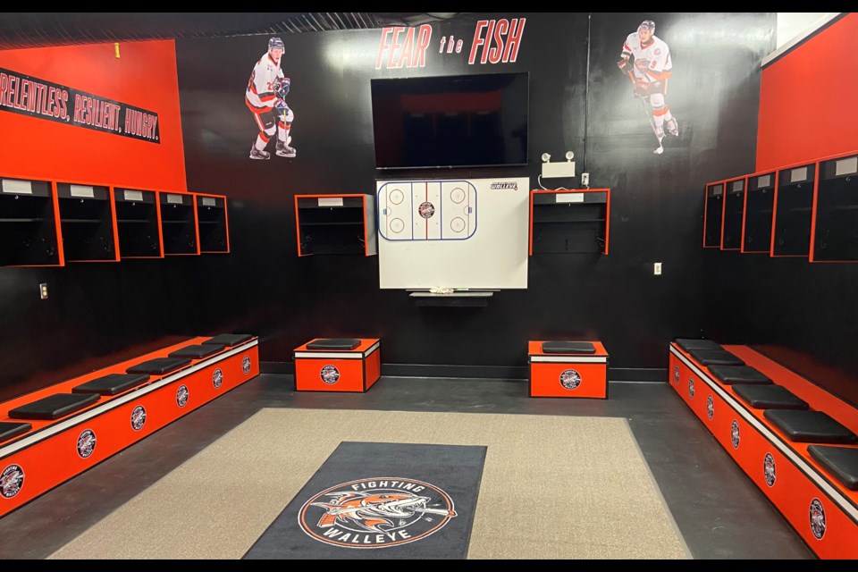 Photo of the dressing room for the Kam River Fighting Walleye of the Superior International Junior Hockey League (SIJHL) at Norwest Arena in Oliver Paipoonge
