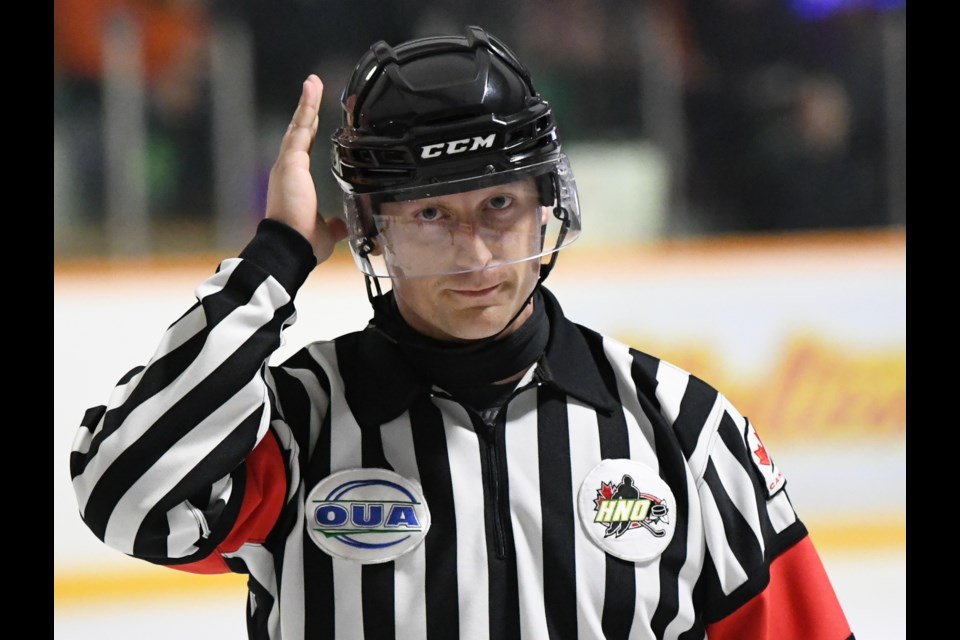 Bragnalo working a Junior 'A' hockey game at Norwest Arena in Oliver Paipoonge