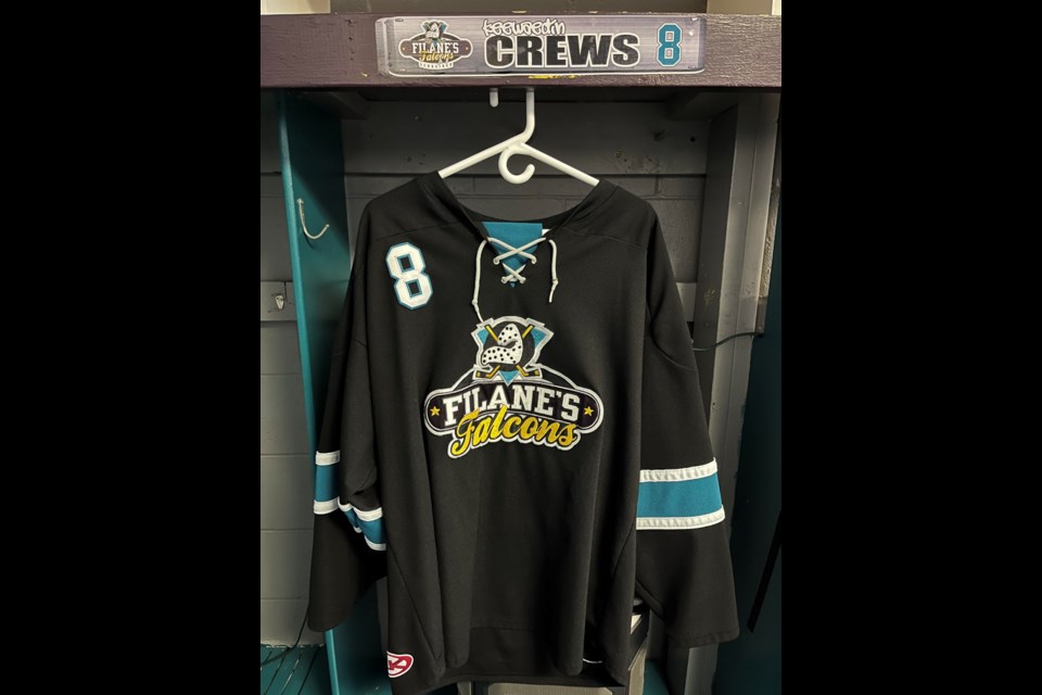 The dressing room stall of Schreiber Falcons defenceman Keewaedin Crews