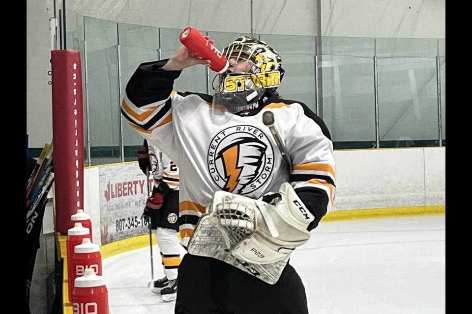 Photo of Current River Storm goaltender Parker Ball during warmup on Saturday, October 28, 2023