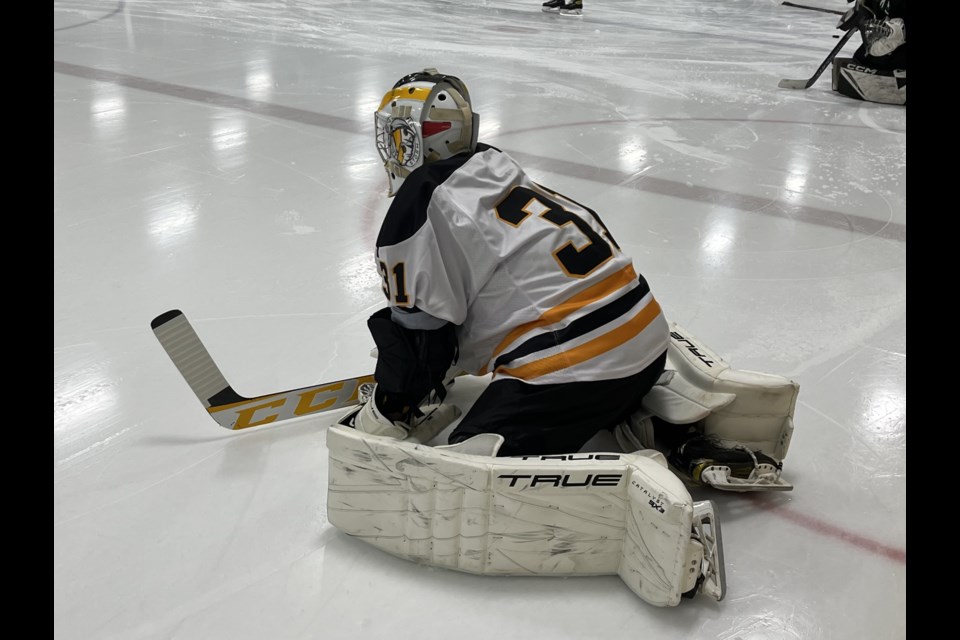 Photo of Current River Storm goaltender Paul Lecuyer during warmup on Saturday, October 28, 2023