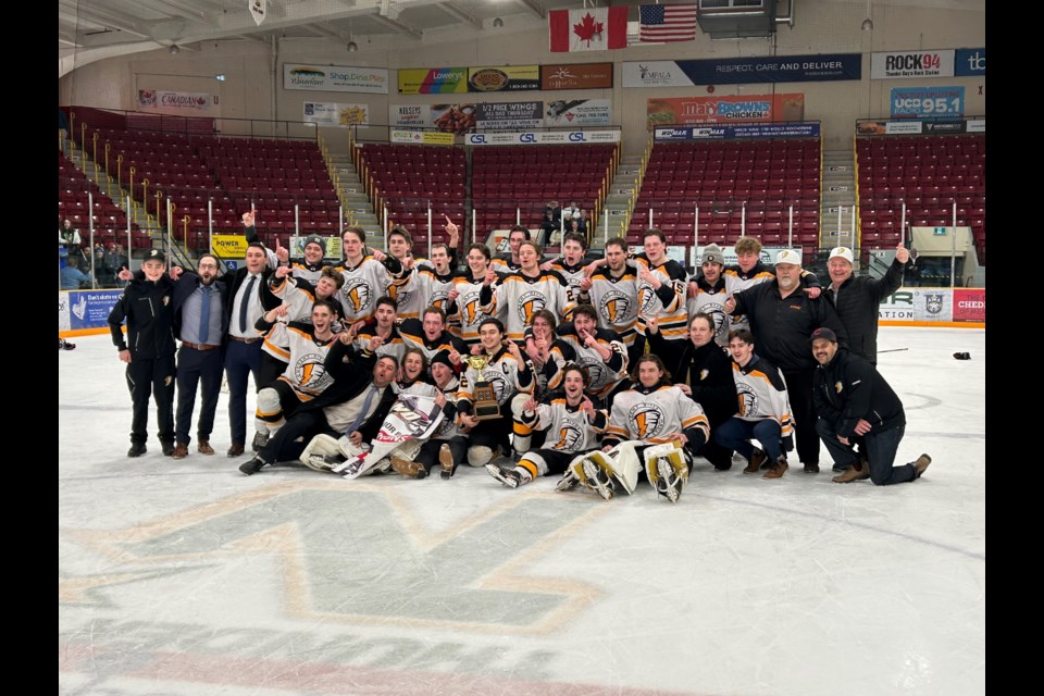 The Current River Storm franchise posing with the Joe Ward Memorial Trophy on Thursday, April 4, 2024 after defeating the Thunder Bay Northern Hawks 7-3 in Game Four