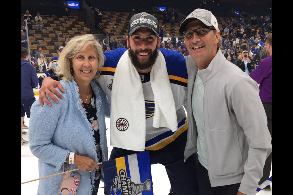 Susan (left), Robert, and Oscar Bortuzzo shortly after the St. Louis Blues defeated the Boston, Mass. Bruins at TD Garden on June 12. (Supplied.)