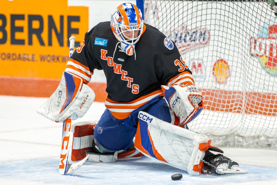 Thunder Bay's Ryan Fanti turns aside a shot for the Fort Wayne Komets during an ECHL game earlier this season.