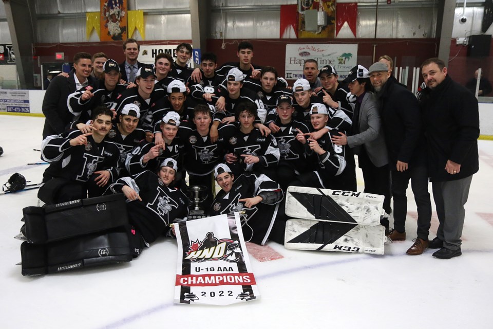 The Thunder Bay Kings U18 team downed Kenora 9-1 on Sunday, April 17, 2022 at the Fort William First Nation Arena to advance to the Telus Cup West Regional in Virden, Man. (Leith Dunick, tbnewswatch.com)