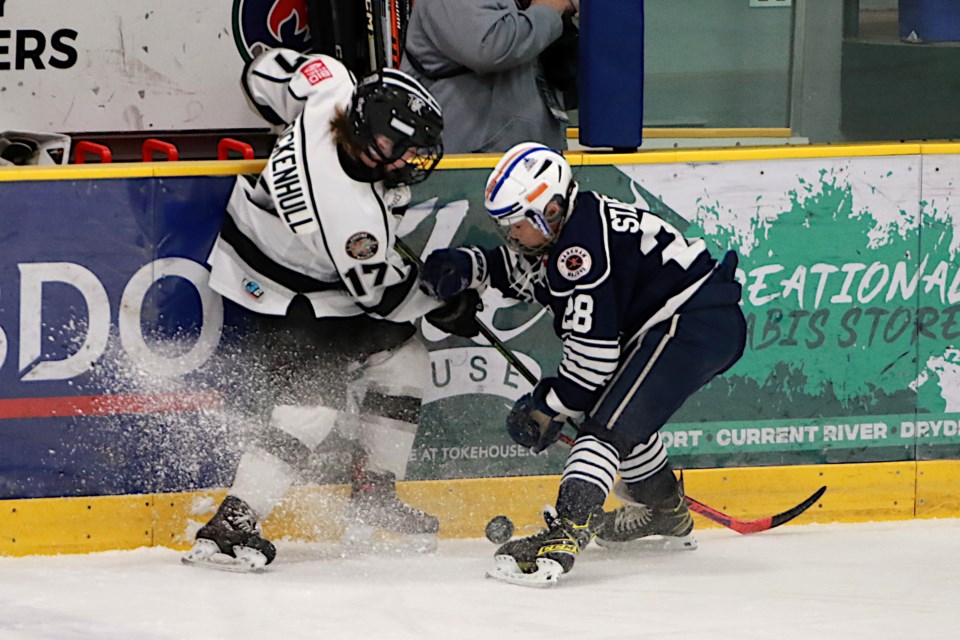 Markham's Jaxson Staley and Thunder Bay's Karter Hockenhull tangle on Wednesday, April 12, 2023 in the opening game of the Biosteel All-OntarioU13 AAA Championship at Fort William Gardens. Leith Dunick, tbnewswatch.com)