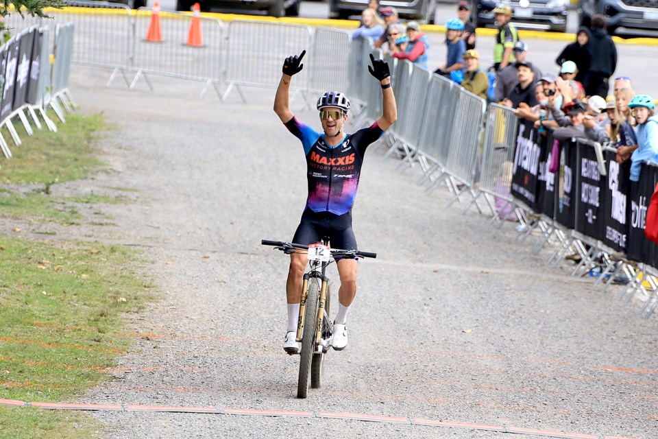 Sean Fincham celebrates on Saturday, Sept. 7, 2024 after winning the XCM Nationals 90-kilometre race to capture the Canadian champioship. (Leith Dunick, tbnewswatch.com)
