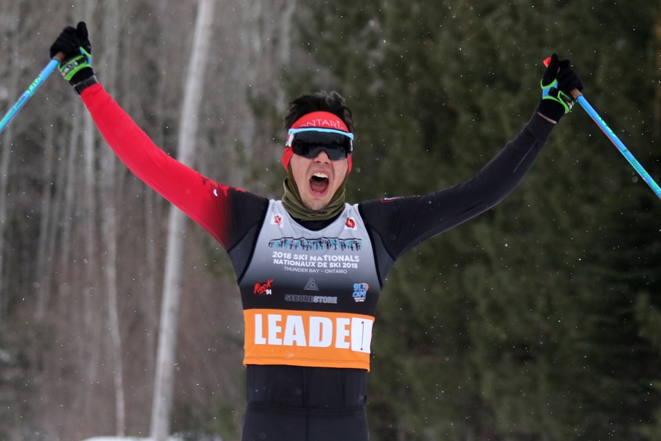 Thunder Bay's Kai Meekis celebrates capturing his second goal of the 2018 Ski Nationals at Lappe Nordic Ski Centre on Tuesday, March 13, 2018. (Leith Dunick, tbnewswatch.com)