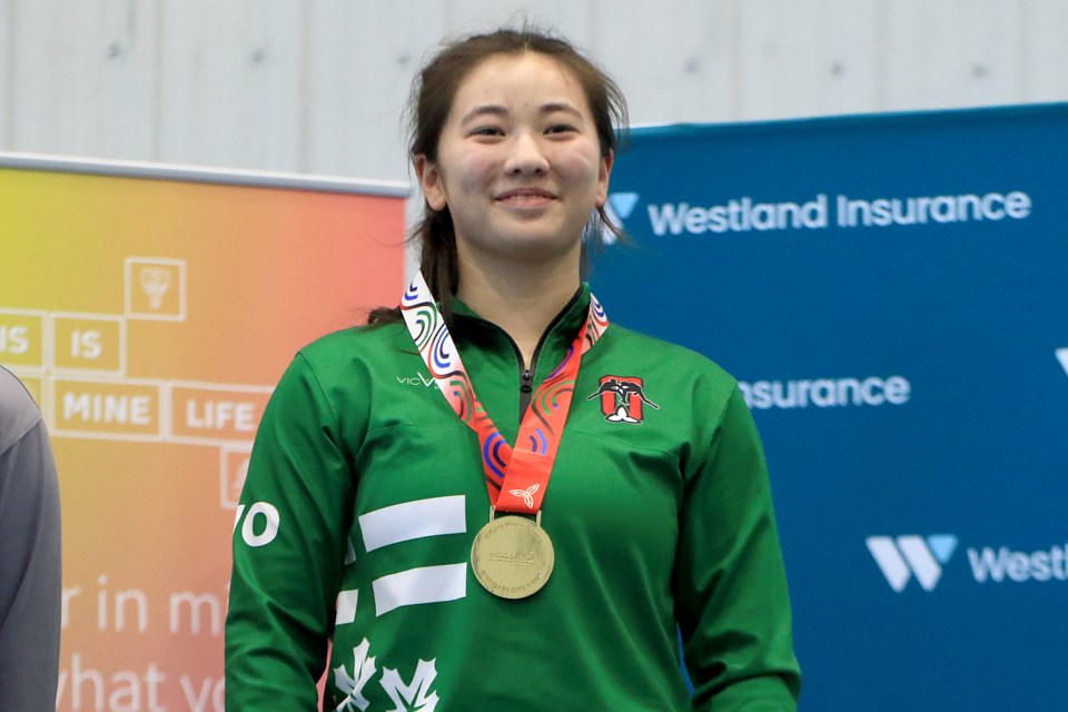 Emily Harris won gold in the female 80-kilogram weight class in wrestling on Sunday, Feb. 18, 2024 at the Ontario Winter Games at the Lakehead University Hangar in Thunder Bay. (Leith Dunick, tbnewswatch.com)