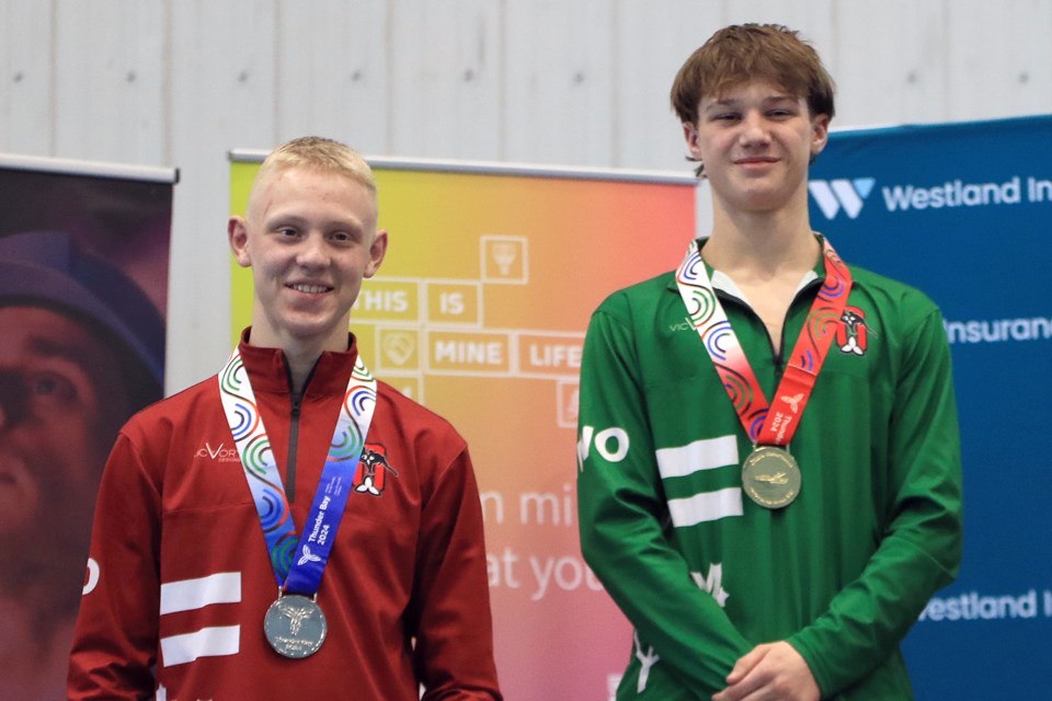 Koen Hurlbert (right) won gold and Alex Kandybalsky of Eastern Ontario took silver in the 65-kilogram category at the Ontario Winter Games in Thunder Bay, on Sunday, Feb. 18. 2024. (Leith Dunick, tbnewswatch.com)