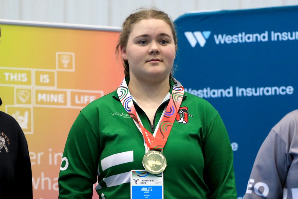 Kylie Boucha won gold in the female 90-kilogram weight class in wrestling on Sunday, Feb. 18, 2024 at the Ontario Winter Games at the Lakehead Unviersity Hangar in Thunder Bay. (Leith Dunick, tbnewswatch.com)