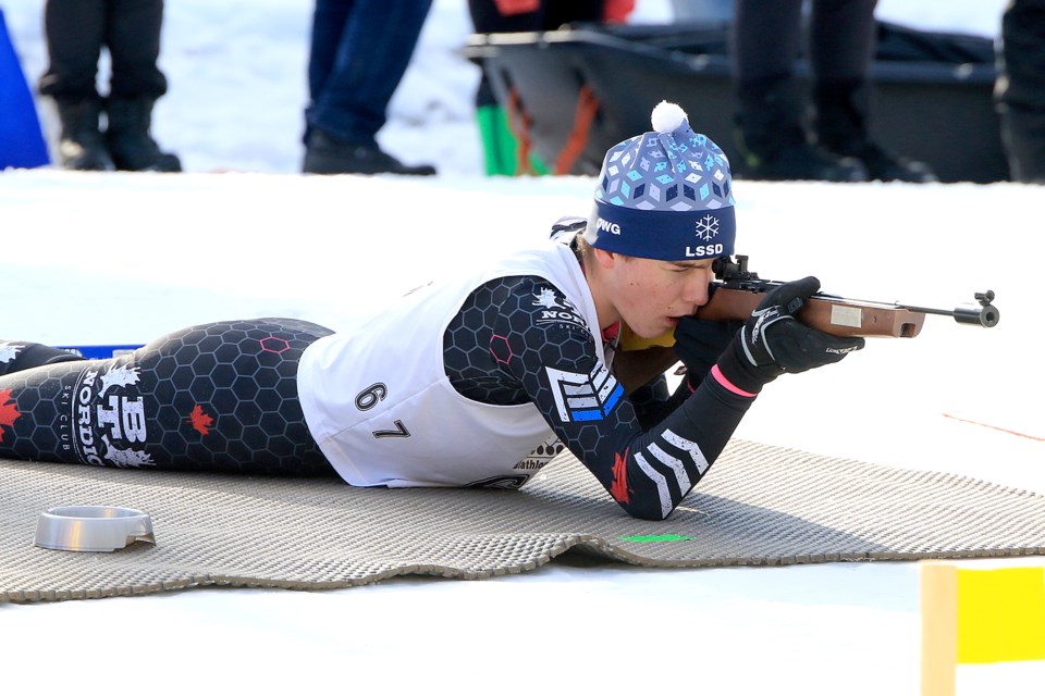 Thunder Bay's Palmer Hunt, 13, captured gold in the junior boys' pursuit race in biathlon at the Ontario Winter Games on Sunday, Feb. 25, 2024 at Kamview Nordic Centre. (Leith Dunick, tbnewswatch.com)