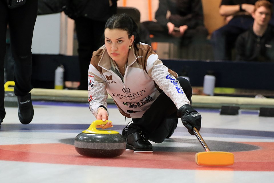 Skip Dominique Vivier led her team to Ontario Winter Games gold on Monday, Feb. 26, 2024 at Fort William Curling Club, beating Thunder Bay's Claire Dubinsky rink 5-4 in the final. (Leith Dunick, tbnewswatch.com)