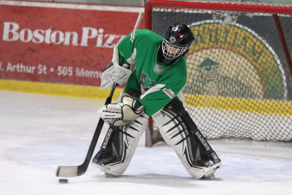 VP Bearcats goaltender Liam Crago plays the puck on Friday, Jan. 17, 2020 during the Robin's Minor Hockey Classic. (Leith Dunick, tbnewswatch.com)