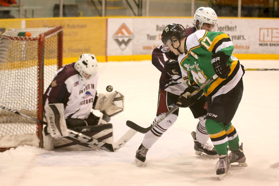 North Stars captain Brett Wolframe fires the puck at Dryden goaltender Patrick Zubick on Friday, Feb. 3, 2017 at Fort William Gardens (Leith Dunick, tbnewswatch.com). 