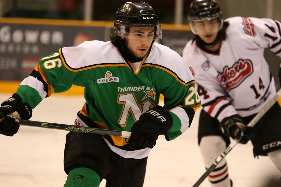 Jake Robinson potted a pair for the Thunder Bay North Stars on Wednesday, Jan. 18, 2017 against the Fort Frances Lakers at Fort William Gardens (Leith Dunick, tbnewswatch.com)
