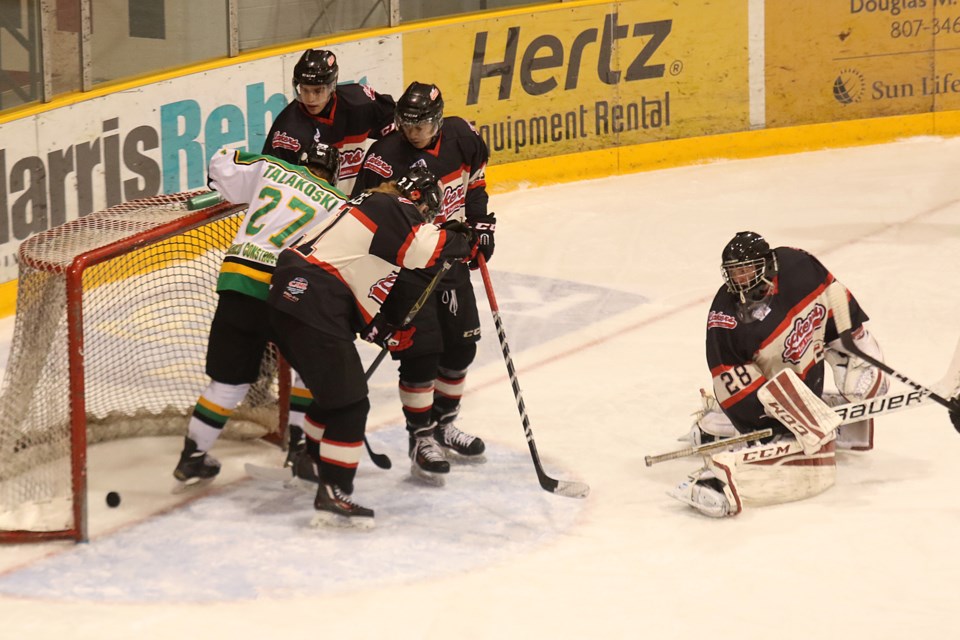 A trio of Fort Frances defenders couldn't stop the puck from getting past an out-of-position Dakota Delbridge on Wednesday, Nov. 30, 2016 at Fort William Gardens. The North Stars would go on to win 5-3 (Leith Dunick, tbnewswatch.com). 