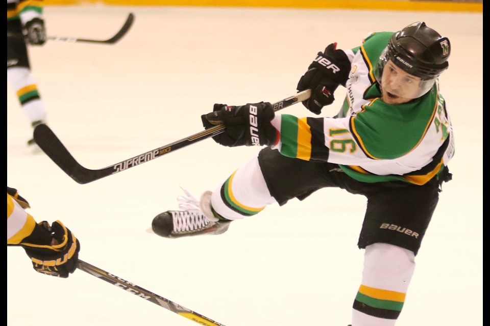 Brad Arabia scored four times in the first as the Thunder Bay North Stars evened their best-of-seven SIJHL semifinal at a game apiece with the English River Miners on Sunday, April 2, 2017 at Fort William Gardens.  (Leith Dunick, tbnewswatch.com). 