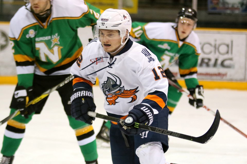 Thief River Falls forward Cody Aarvig during an SIJHL contest against the Thunder Bay North Stars on Friday, March 17, 2017 at Fort William Gardens (Leith Dunick, tbnewswatch.com). 
