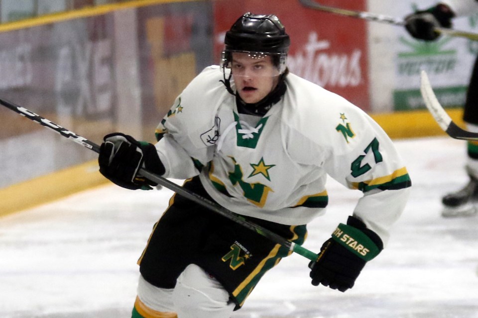 Keighan Gerrie scored a hat trick to help the North Stars double up the Fort Frances Lakers on Wednesday, Nov. 21, 2018. (Leith Dunick, tbnewswatch.com)