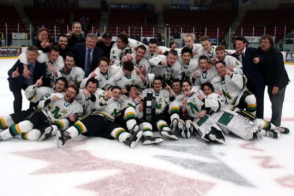The Thunder Bay North Stars pose with the BIll Salonen Cup on Saturday, April 20, 2019 at Fort William Gardens. (Leith Dunick, tbnewswatch.com)
