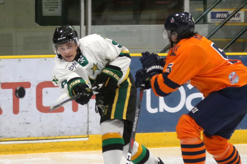 Thunder Bay's Joel Willan lets loose a shot against Thief River Falls on Friday, Dec. 14, 2018 at Fort William Gardens (Leith Dunick, tbnewswatch.com)