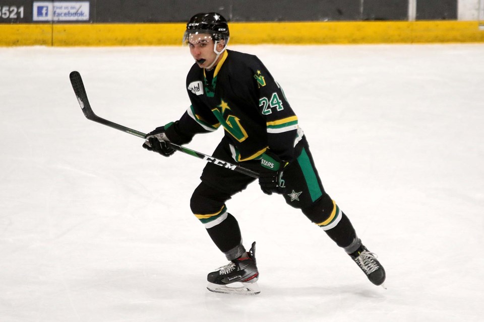 Cody Bruchkowski scored three times on Friday, March 6, 2020 to help lead the Thunder Bay North Stars to a 6-5 overtime win over the visiting Fort Frances Lakers (Leith Dunick, tbnewswatch.com)